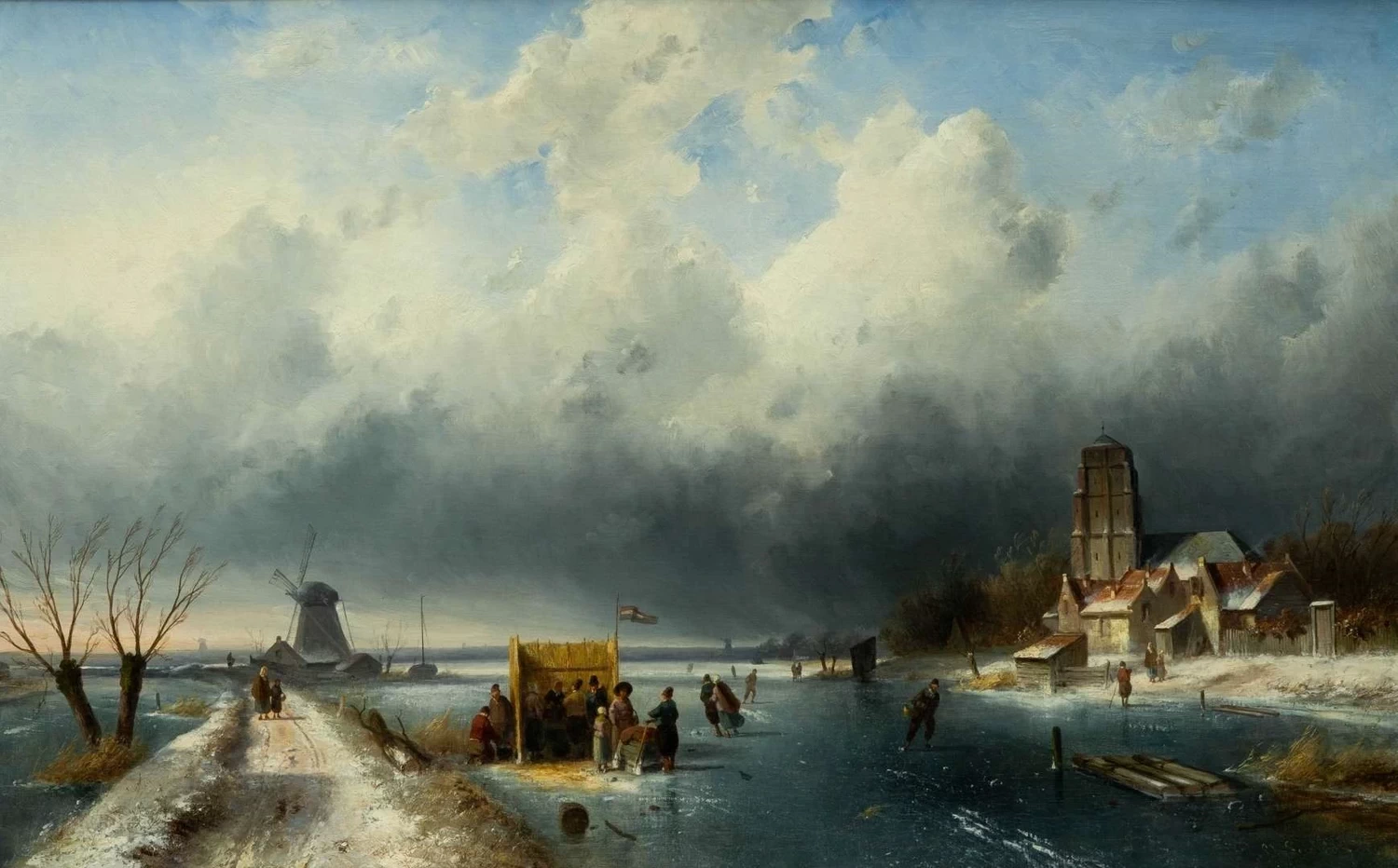 Charles Leickert - Paesaggio invernale con pattinatori sul ghiaccio e un koek, en, zopie vicino al villaggio 1